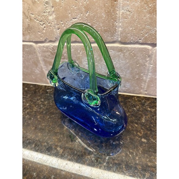 Murano Blown Glass Decorative Handbag Vase Blue Green EUC - Picture 3 of 7